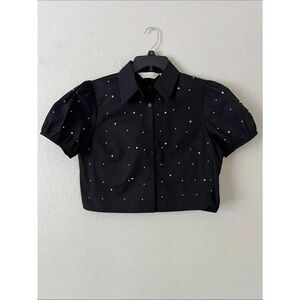 Like New! Lizette Collection Cropped Black Puff Sleeve Button-Up Pearl/Jewels L